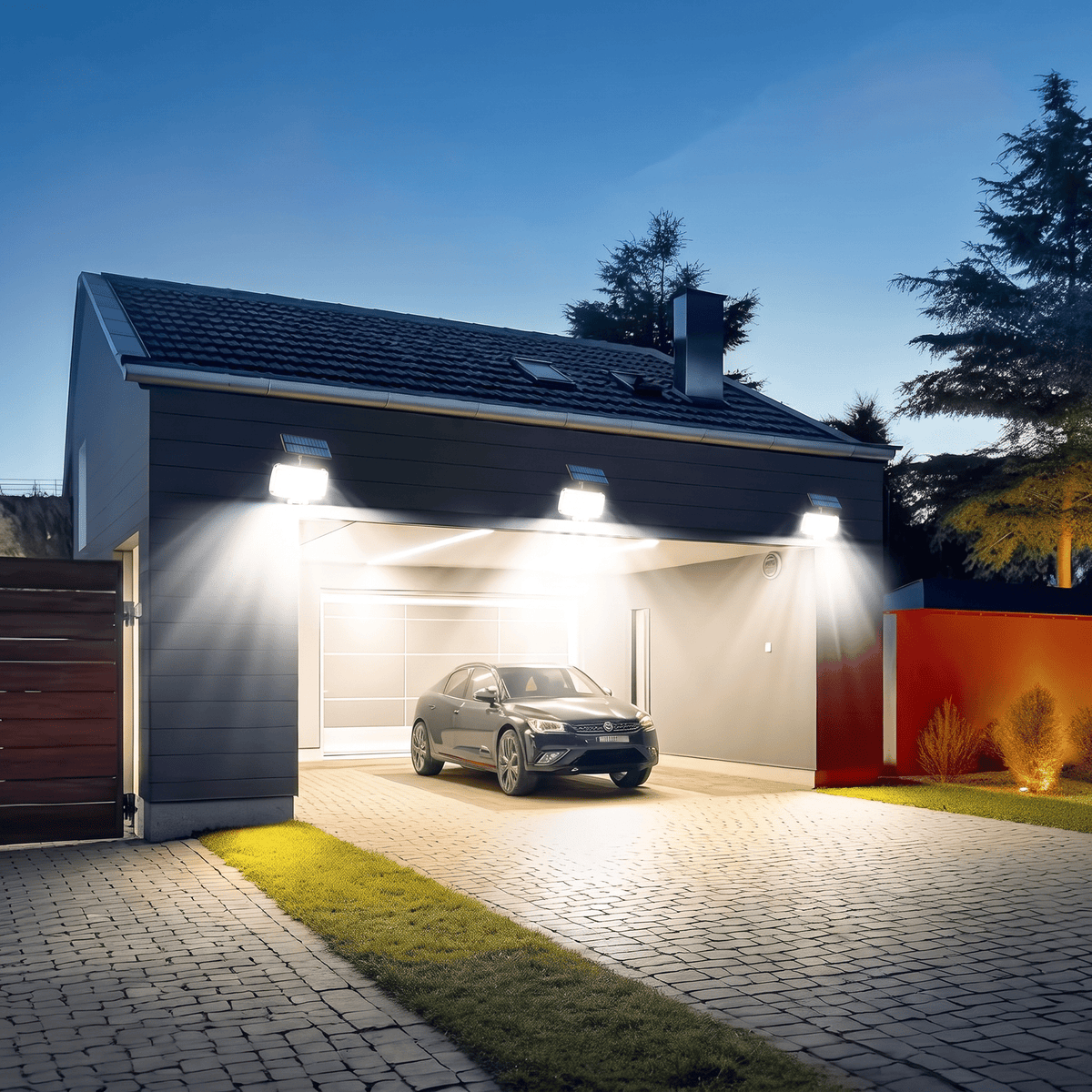 Nomedo Solar Schijnwerper gemonteerd bij garage in de avond