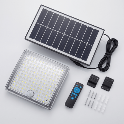 Inhoud van de doos: lamp, paneel, kabel, afstandsbediening en montagemateriaal