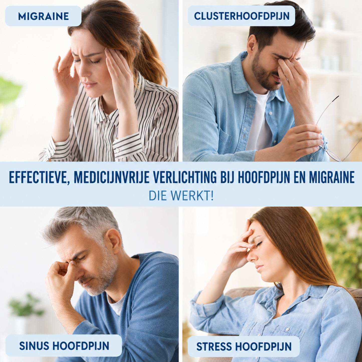 Migraine, clusterhoofdpijn, sinushoofdpijn, stress hoofdpijn